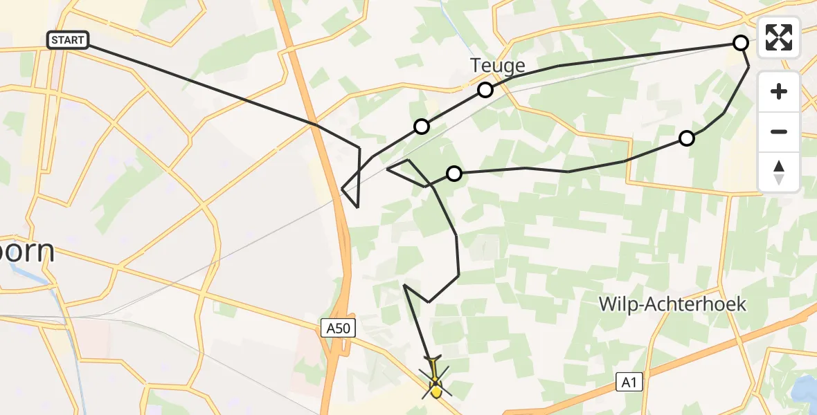 Routekaart van de vlucht: Politieheli naar Apeldoorn, Musicalstraat