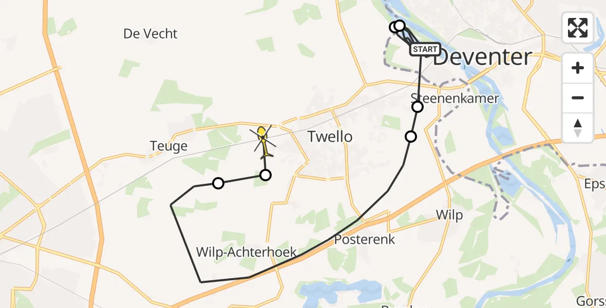 Routekaart van de vlucht: Politieheli naar Twello, Vermeersweg