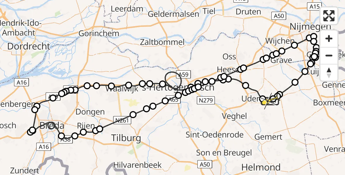 Routekaart van de vlucht: Politieheli naar Vliegbasis Volkel, Zeelandsedijk