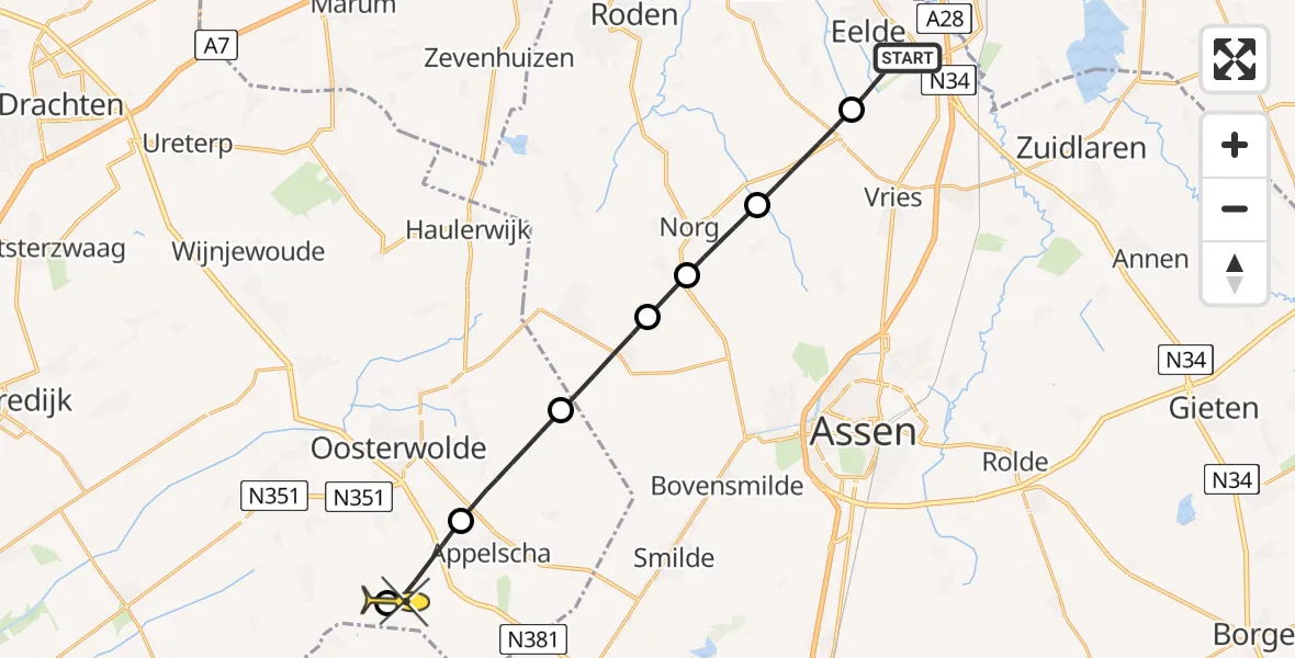 Routekaart van de vlucht: Lifeliner 4 naar Appelscha, Lugtenbergerweg