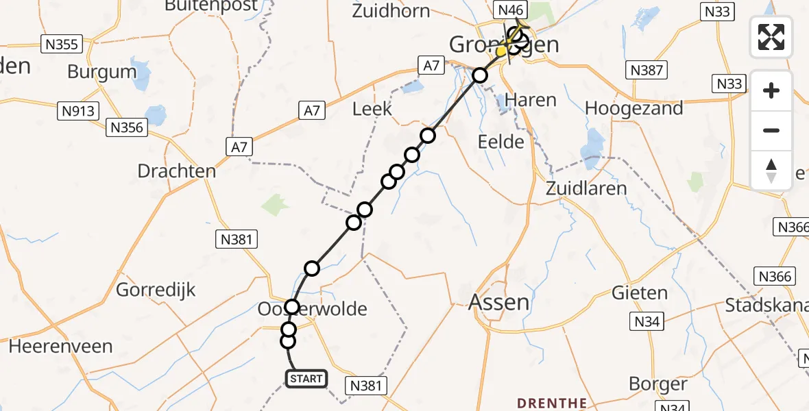 Routekaart van de vlucht: Lifeliner 4 naar Universitair Medisch Centrum Groningen, Kloosterweg