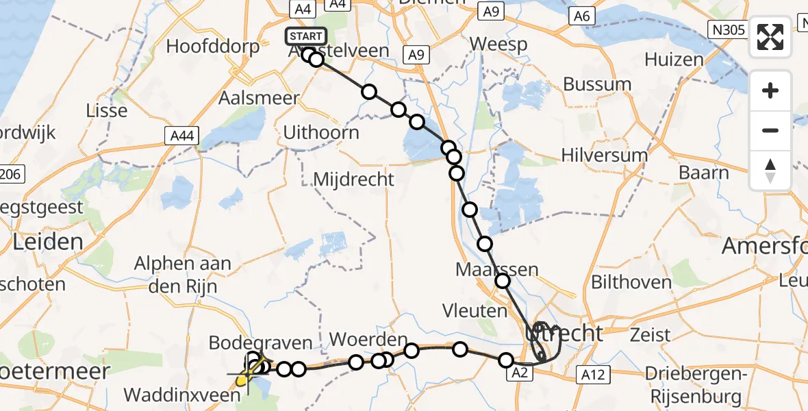Routekaart van de vlucht: Politieheli naar Reeuwijk, Amsterdam-Bataviaweg