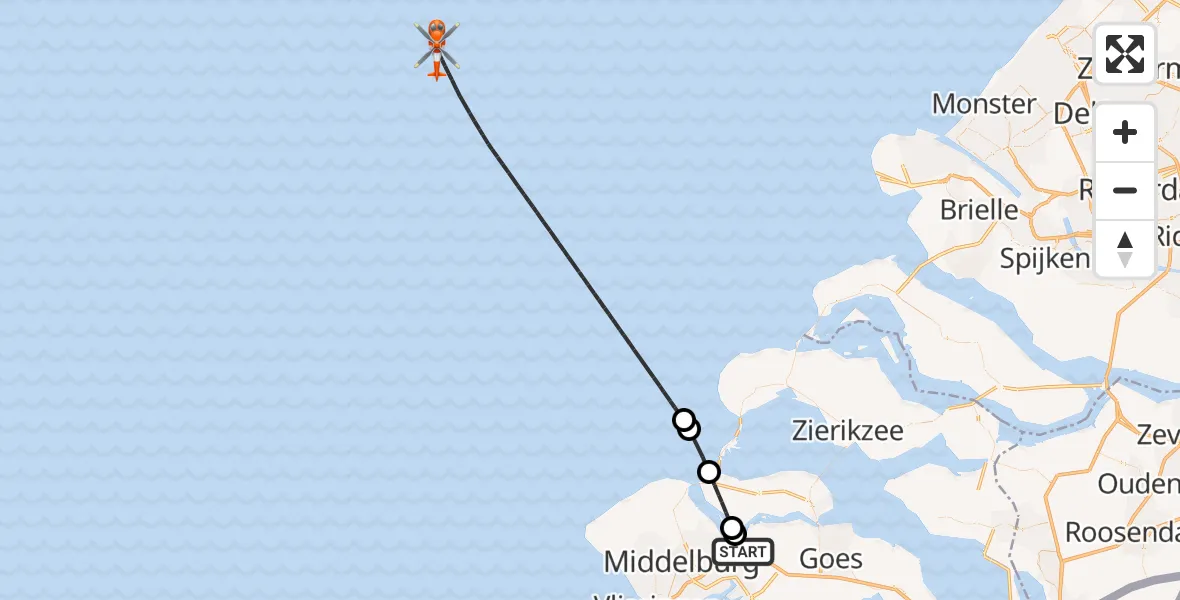 Vluchtroute Kustwachthelikopter Vliegveld Midden-Zeeland - , 04 augustus 2025, 14:20