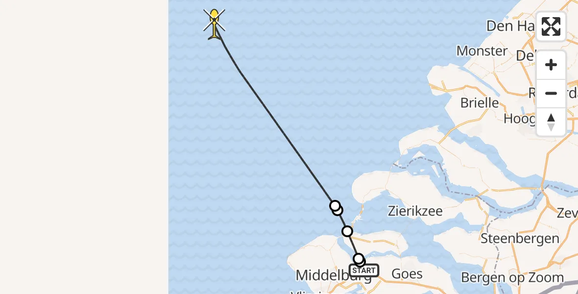 Routekaart van de vlucht: Kustwachthelikopter naar Schenge