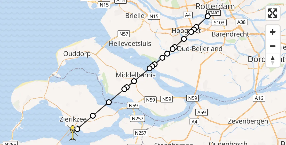 Routekaart van de vlucht: Kustwachthelikopter naar Zierikzee, Westzeedijk