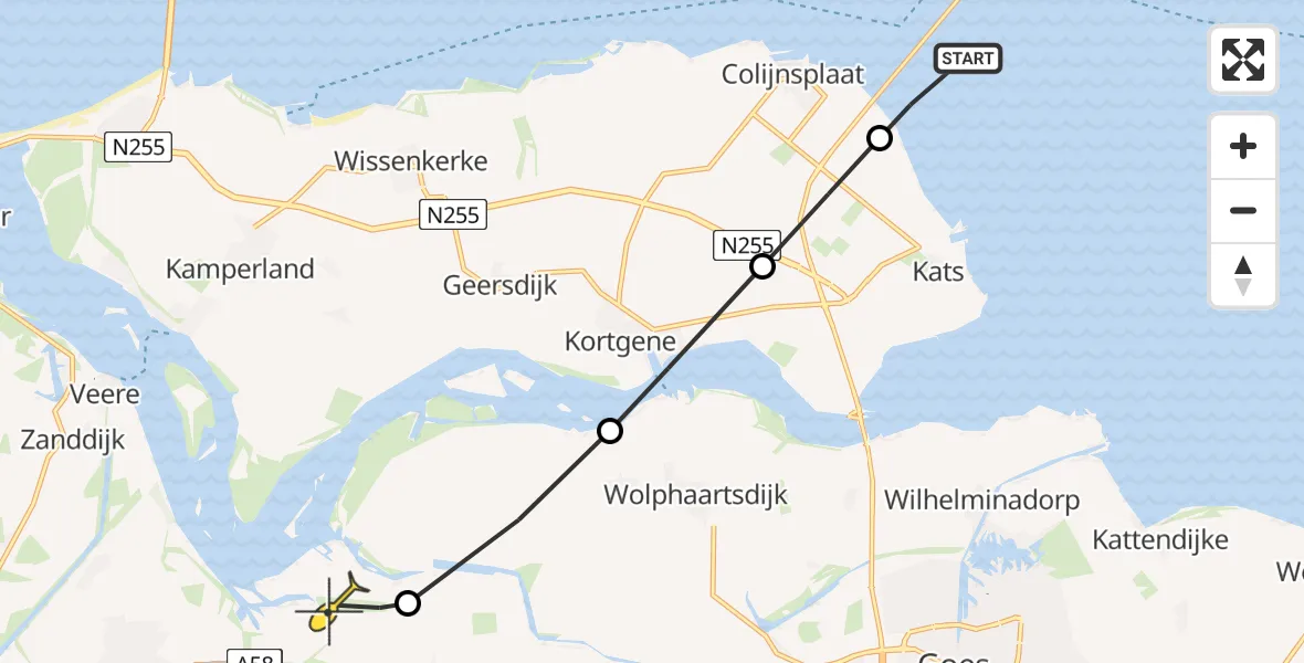 Routekaart van de vlucht: Kustwachthelikopter naar Vliegveld Midden-Zeeland, Oost-Zeedijk