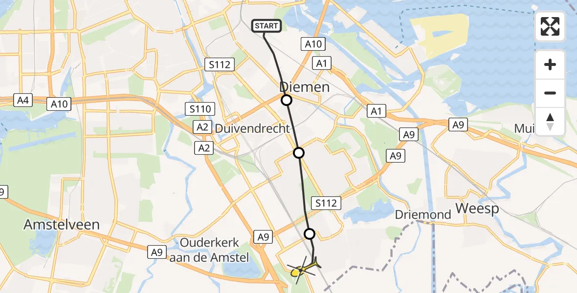 Routekaart van de vlucht: Lifeliner 1 naar Academisch Medisch Centrum (AMC), Kruislaan