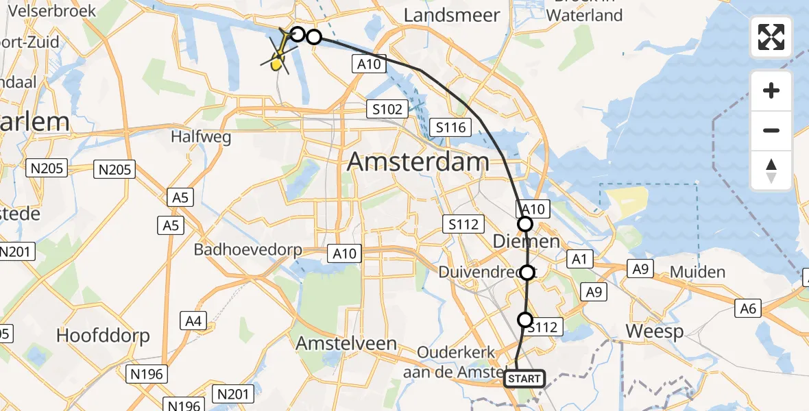 Routekaart van de vlucht: Lifeliner 1 naar Amsterdam Heliport, Nieuwersluishof