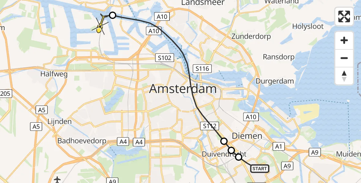 Routekaart van de vlucht: Lifeliner 1 naar Amsterdam Heliport, Dalsteindreef