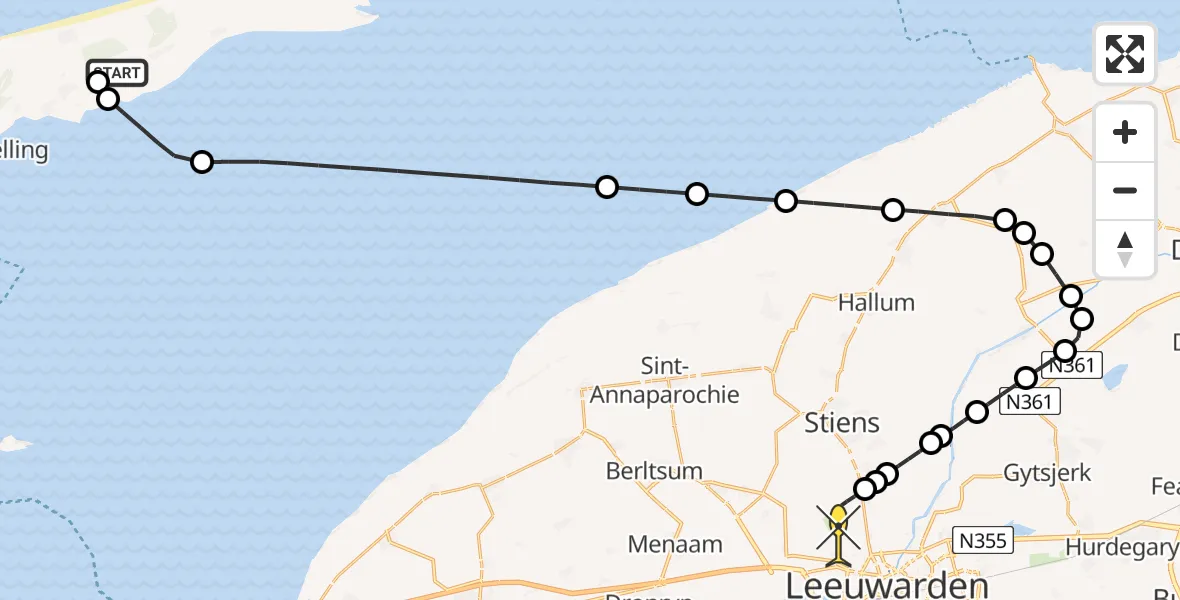 Routekaart van de vlucht: Ambulancehelikopter naar Vliegbasis Leeuwarden, Oosterleenweg