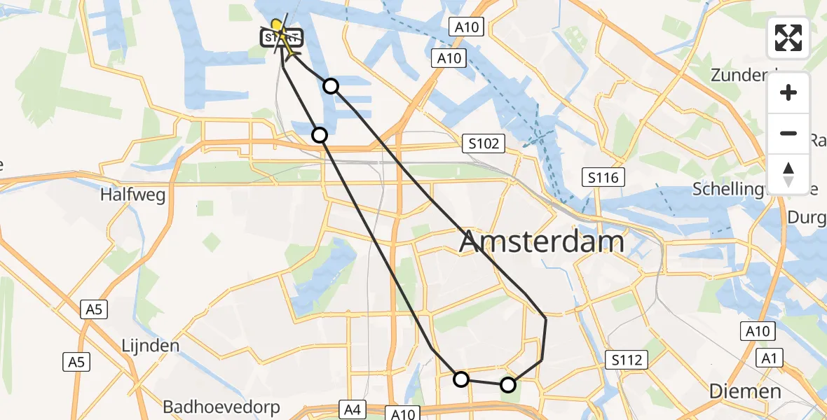 Routekaart van de vlucht: Lifeliner 1 naar Amsterdam Heliport, Corsicaweg
