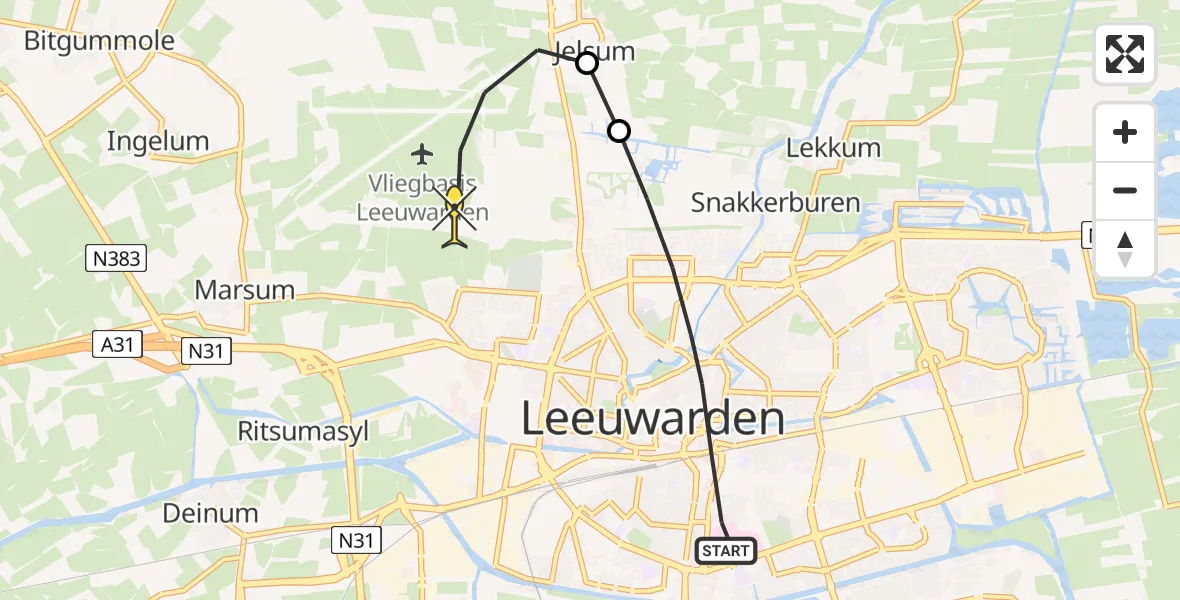 Routekaart van de vlucht: Ambulanceheli naar Vliegbasis Leeuwarden, Sixmastraat