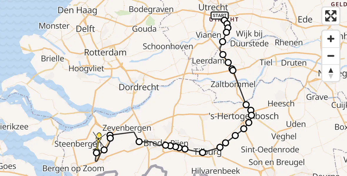 Routekaart van de vlucht: Politiehelikopter naar Oud Gastel, Marsdijk
