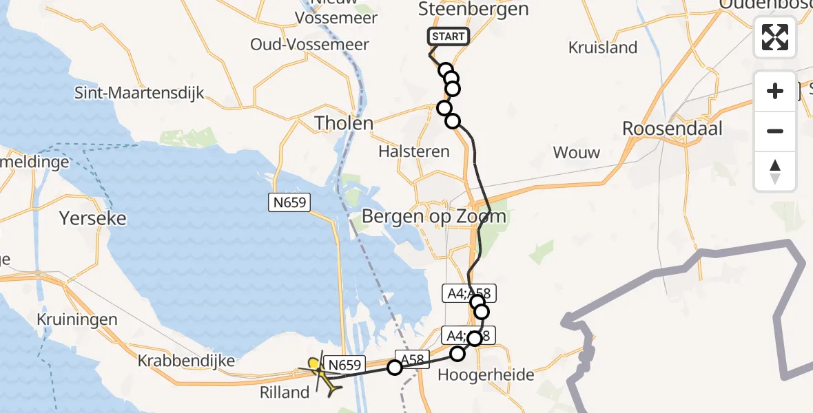 Routekaart van de vlucht: Politieheli naar Rilland, De Linie