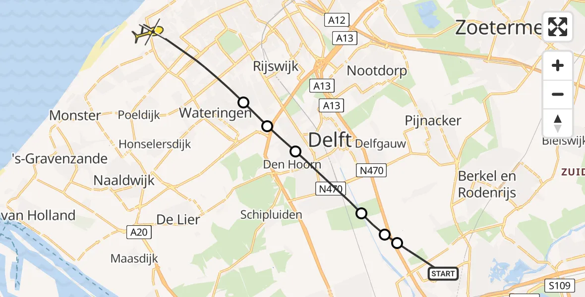 Routekaart van de vlucht: Lifeliner 2 naar Den Haag, Wijndaelerweg