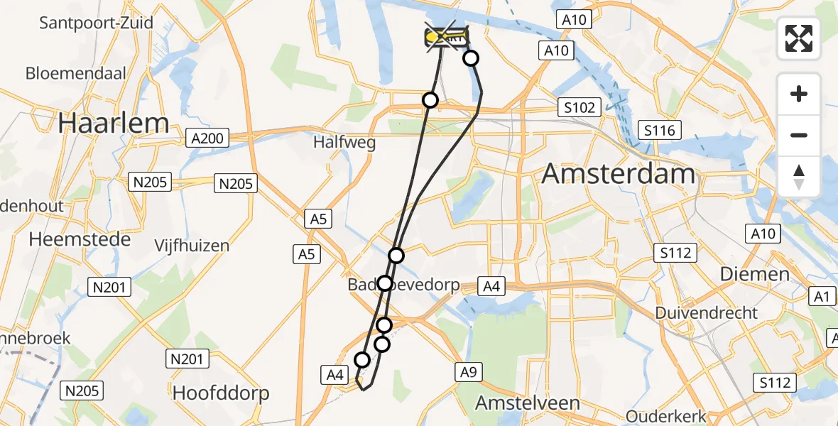 Routekaart van de vlucht: Lifeliner 1 naar Amsterdam Heliport, Nieuw-Zeelandweg