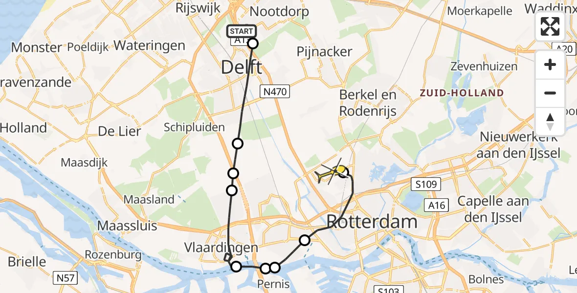 Routekaart van de vlucht: Lifeliner 2 naar Rotterdam The Hague Airport, Brasserskade