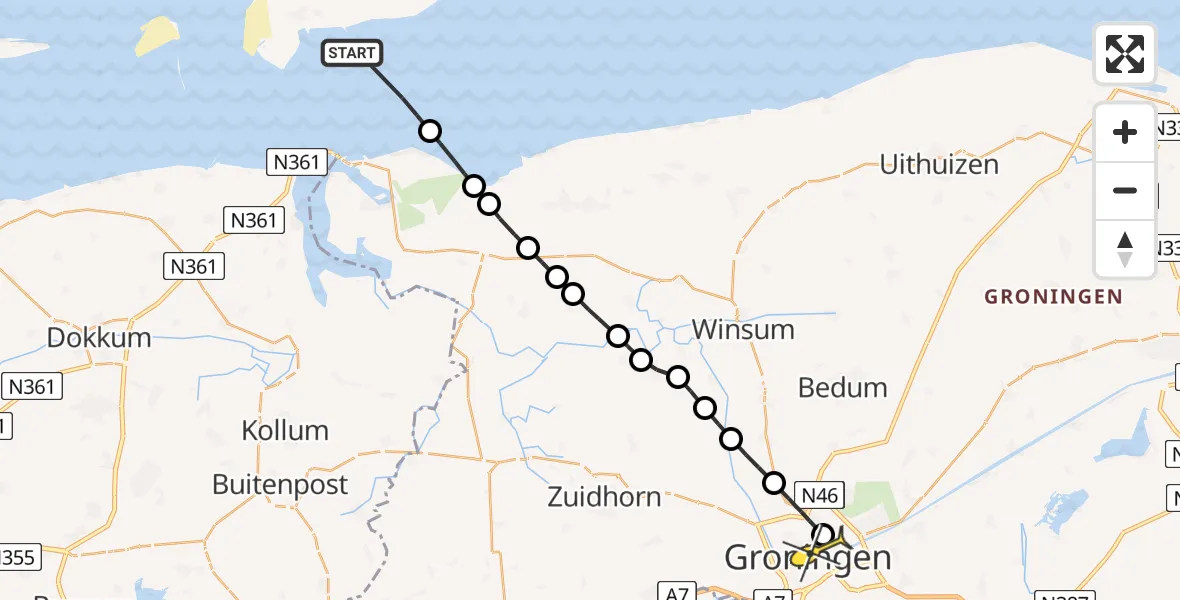 Routekaart van de vlucht: Ambulancehelikopter naar Universitair Medisch Centrum Groningen, Poortweg