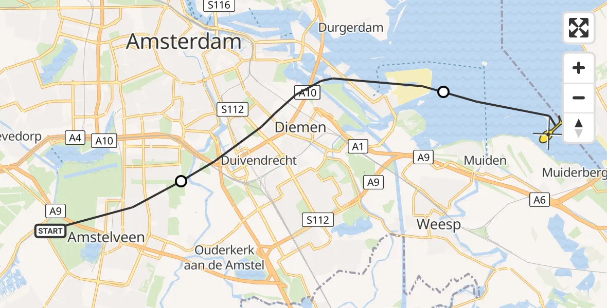 Routekaart van de vlucht: Politiehelikopter naar Muiden, Laan Walcheren