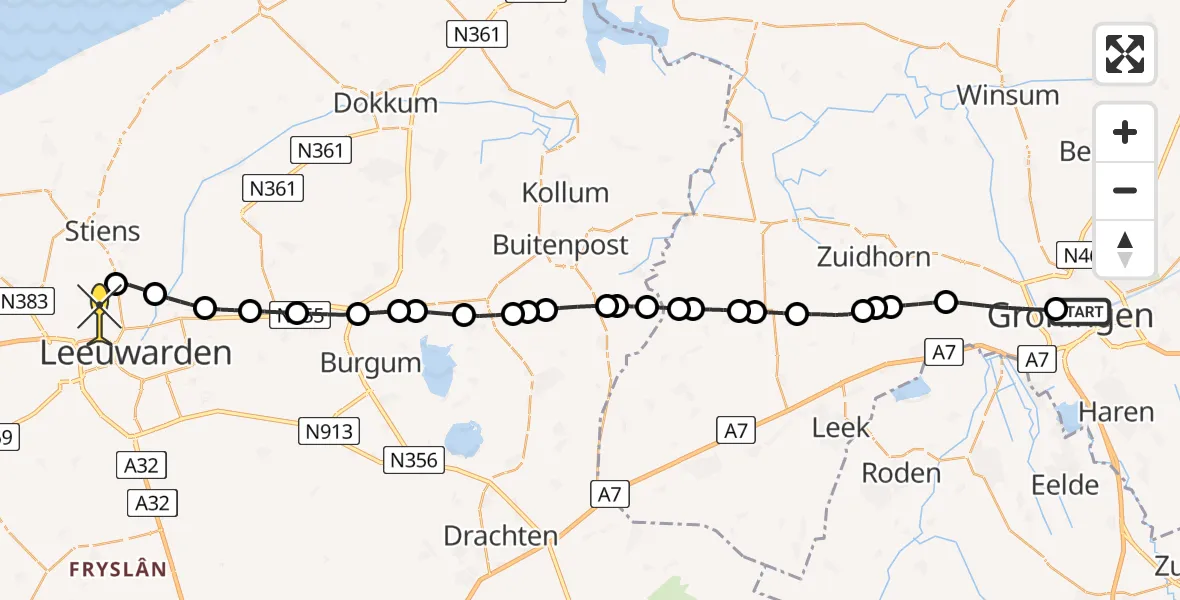Routekaart van de vlucht: Ambulancehelikopter naar Vliegbasis Leeuwarden, Poortweg