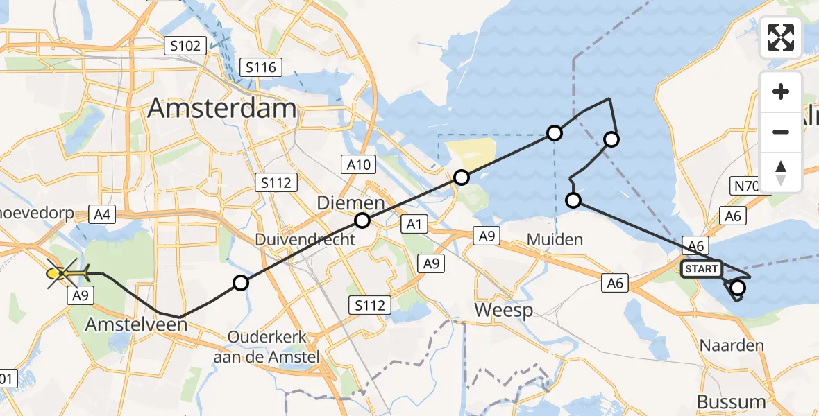 Routekaart van de vlucht: Politiehelikopter naar Badhoevedorp, De Schelp