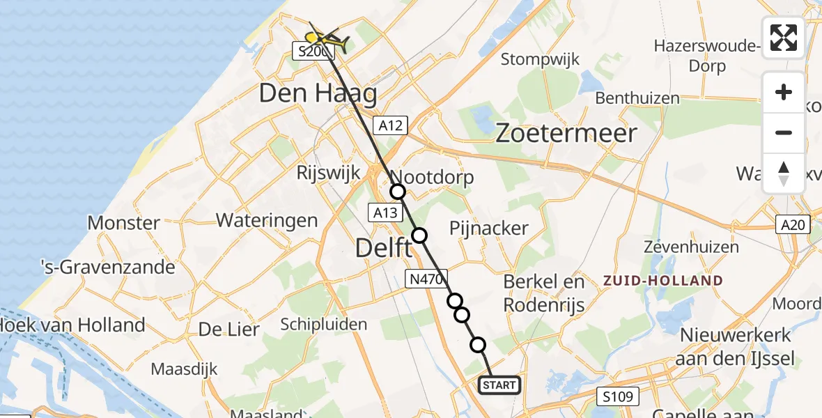 Routekaart van de vlucht: Lifeliner 2 naar Den Haag, Hofweg
