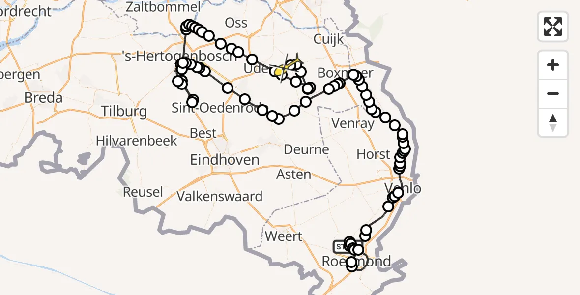 Routekaart van de vlucht: Politieheli naar Volkel, Nunhemseweg