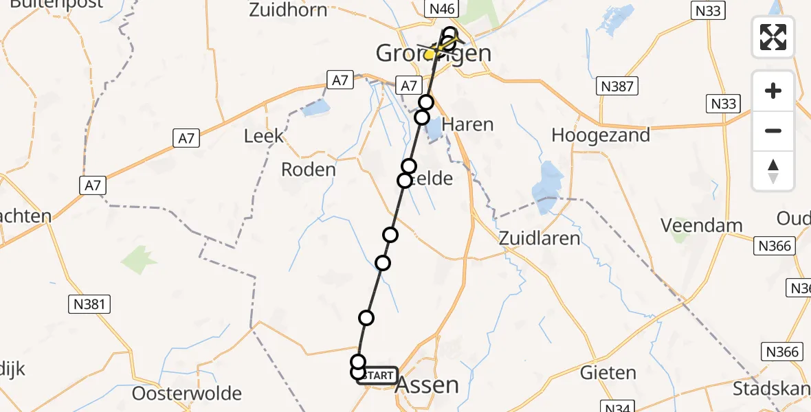 Routekaart van de vlucht: Lifeliner 4 naar Universitair Medisch Centrum Groningen, Norgervaart