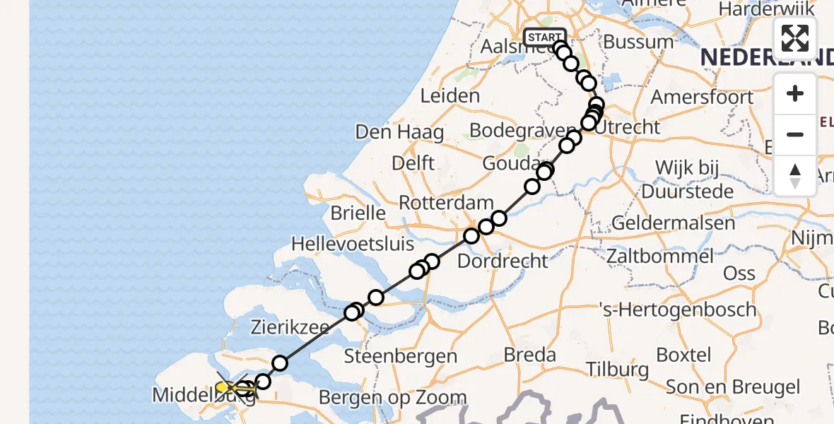 Routekaart van de vlucht: Politiehelikopter naar Vliegveld Midden-Zeeland, Doctor Willem Dreesweg