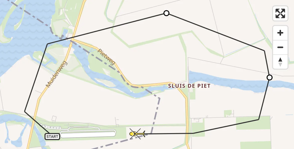 Routekaart van de vlucht: Politiehelikopter naar Vliegveld Midden-Zeeland, De Omloop