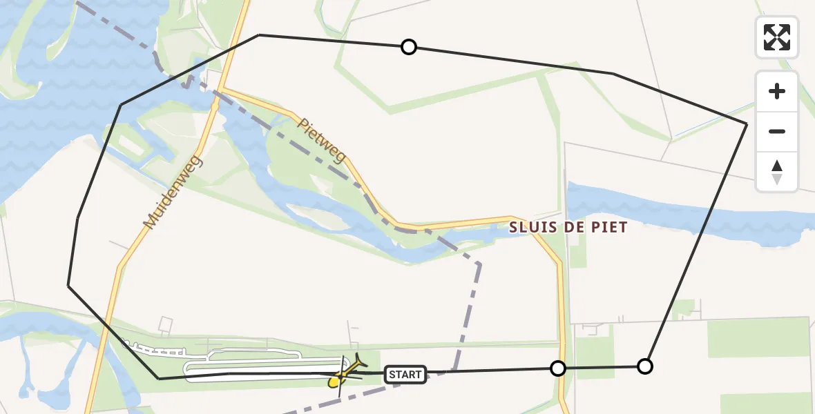 Routekaart van de vlucht: Politieheli naar Vliegveld Midden-Zeeland, Muidenweg