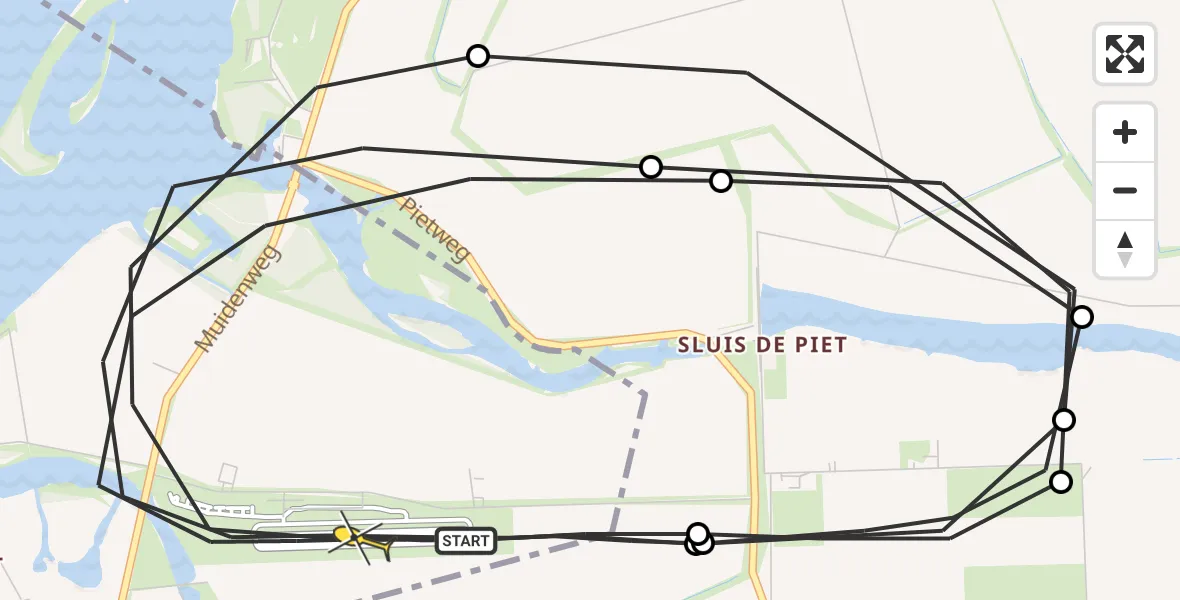 Routekaart van de vlucht: Politiehelikopter naar Vliegveld Midden-Zeeland, Muidenweg