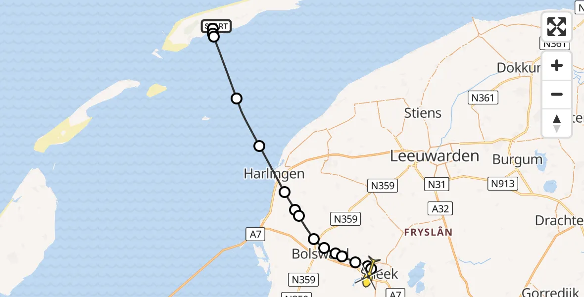 Routekaart van de vlucht: Ambulanceheli naar Sneek, Wieringerstraat
