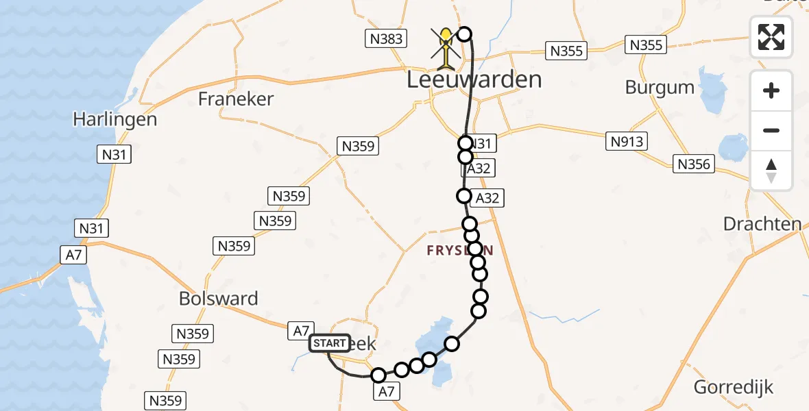 Routekaart van de vlucht: Ambulanceheli naar Vliegbasis Leeuwarden, Stadsrondweg-Zuid