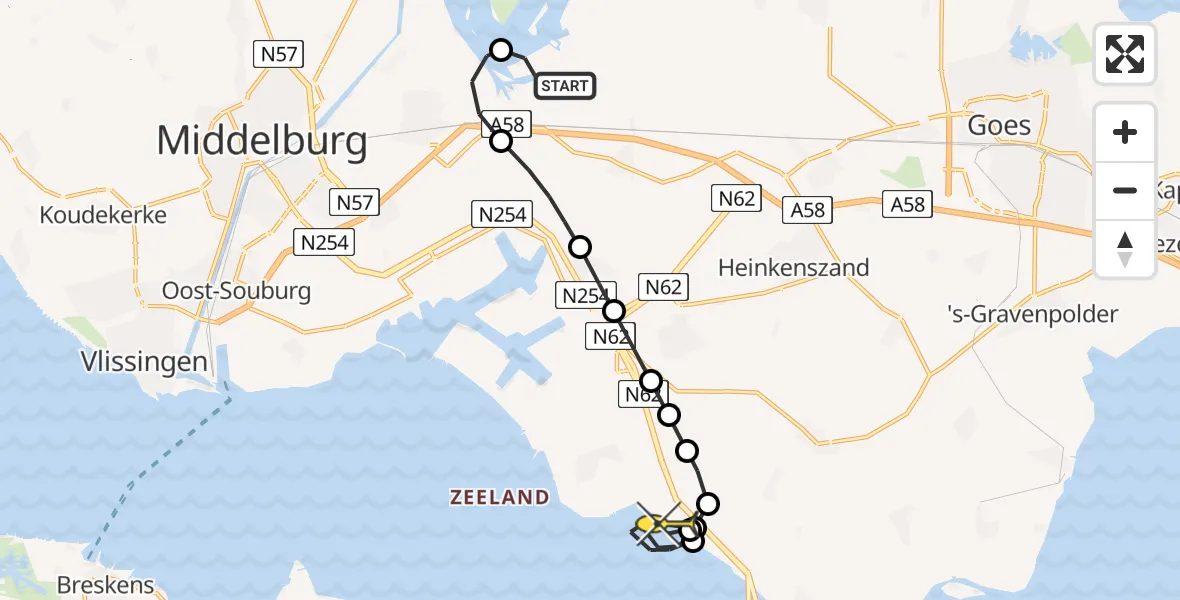 Routekaart van de vlucht: Kustwachthelikopter naar Borssele, Oranjeplaatweg