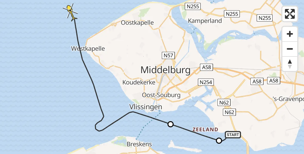 Routekaart van de vlucht: Kustwachthelikopter naar Vlissingen, Jurjaneweg