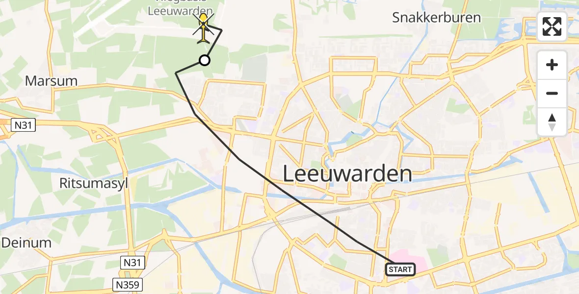 Routekaart van de vlucht: Ambulancehelikopter naar Vliegbasis Leeuwarden, Van Loonstraat