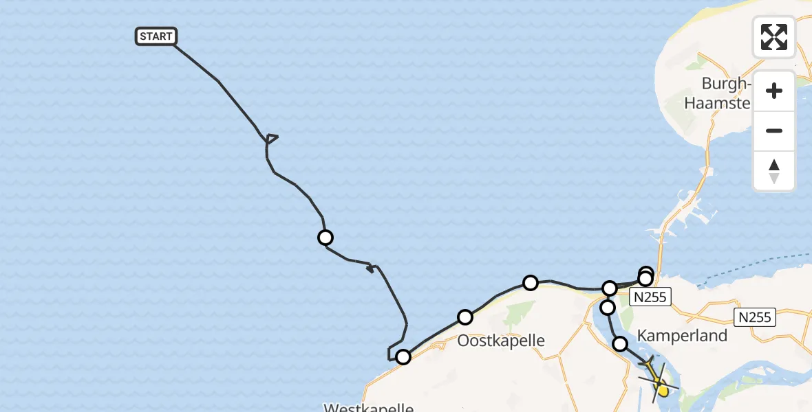 Routekaart van de vlucht: Kustwachthelikopter naar Veere, Strand Domburg
