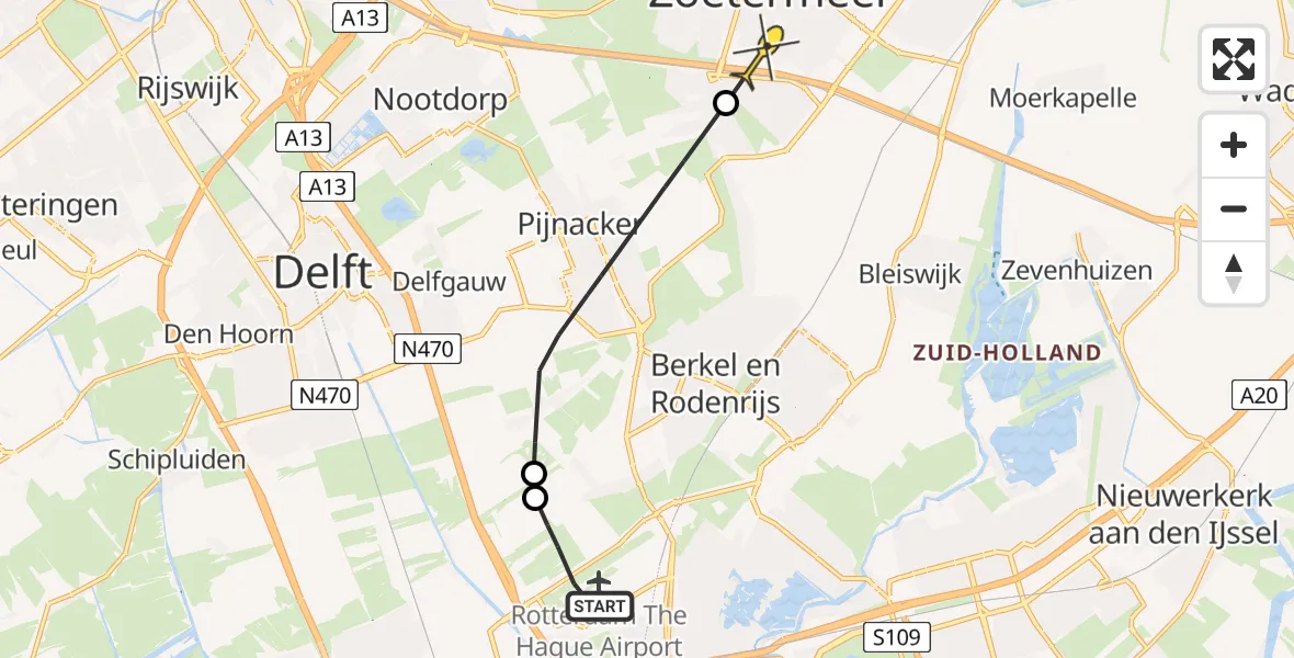 Routekaart van de vlucht: Politiehelikopter naar Zoetermeer, Schieveense polder