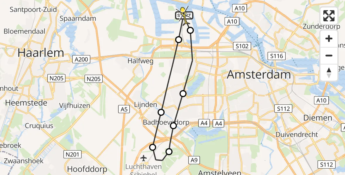Routekaart van de vlucht: Lifeliner 1 naar Amsterdam Heliport, Westpoortweg