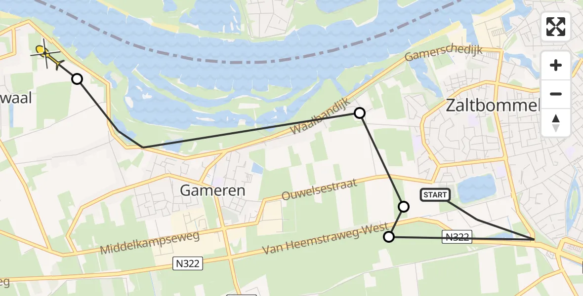 Routekaart van de vlucht: Politieheli naar Nieuwaal, Van Heemstraweg-West