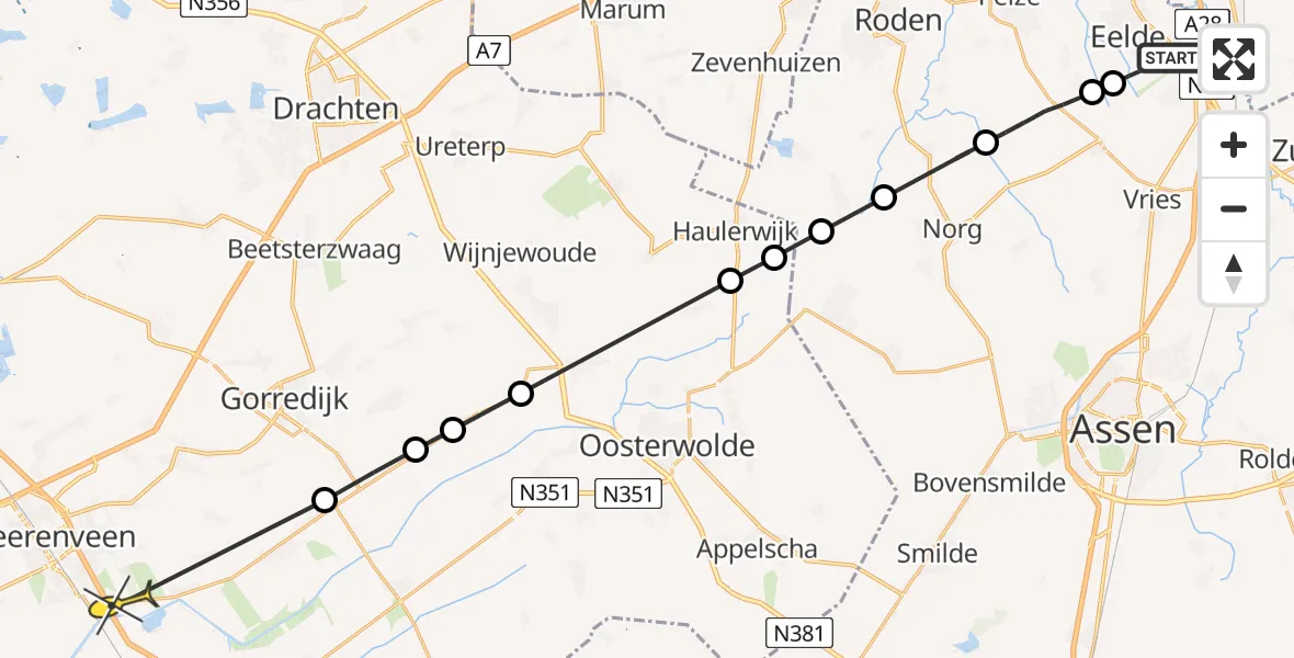Routekaart van de vlucht: Lifeliner 4 naar Oudeschoot, Veldkampweg