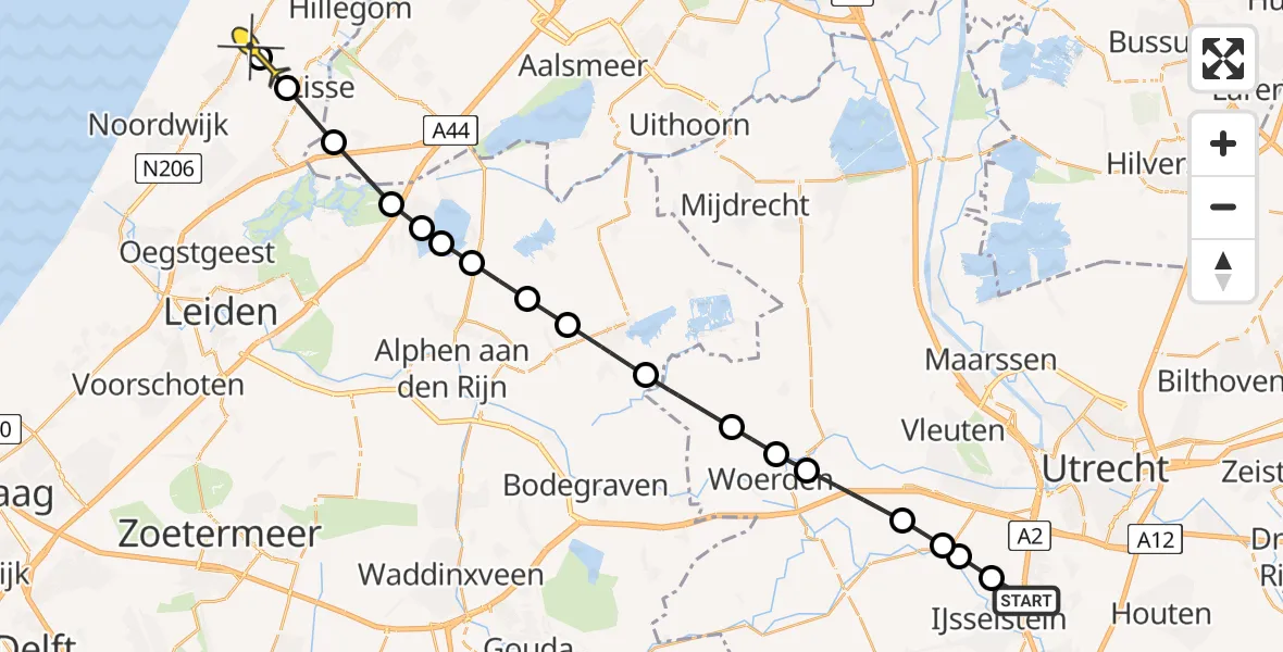 Routekaart van de vlucht: Politieheli naar Noordwijkerhout, IJsselwetering