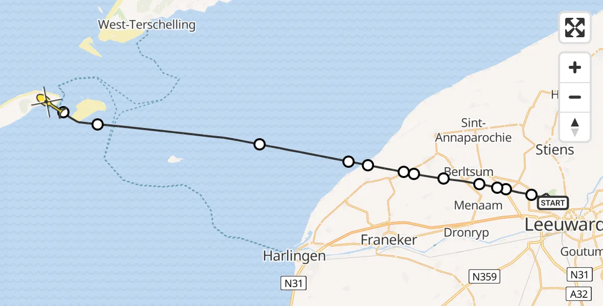 Routekaart van de vlucht: Ambulancehelikopter naar Vlieland Heliport, Keegsdijkje