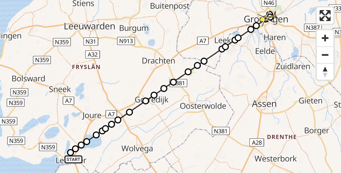Routekaart van de vlucht: Lifeliner 4 naar Universitair Medisch Centrum Groningen, Cloosterhout