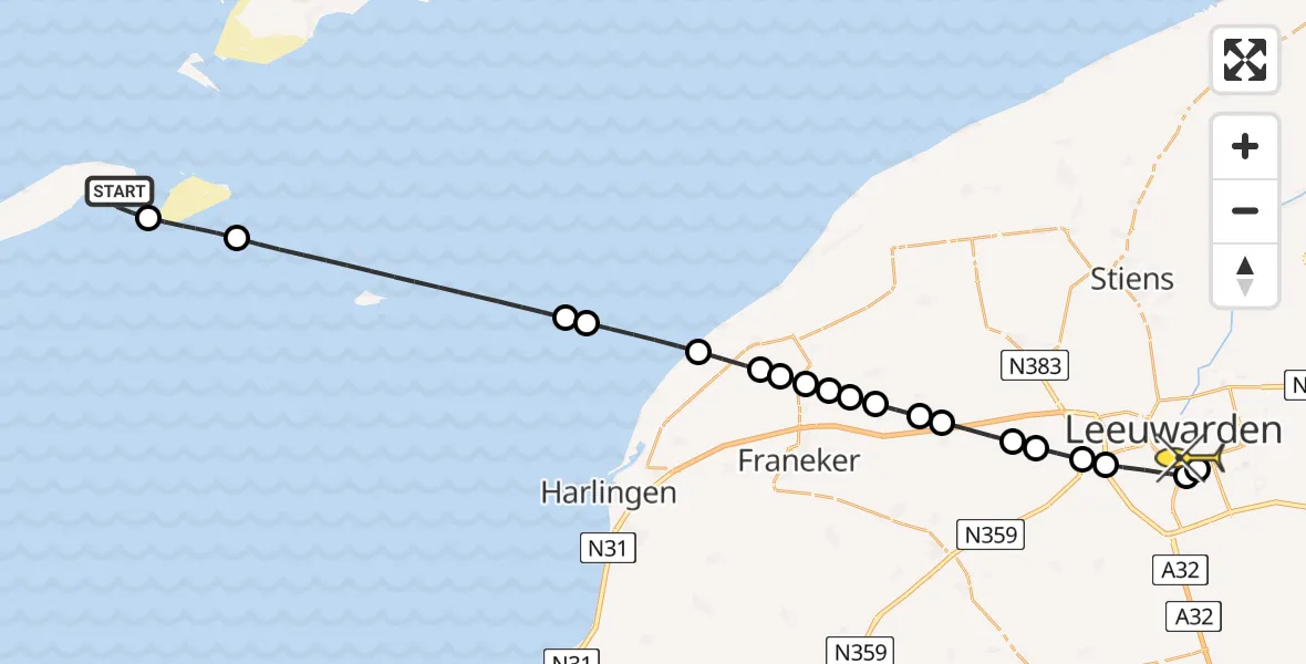 Routekaart van de vlucht: Ambulancehelikopter naar Leeuwarden, Vliesloot