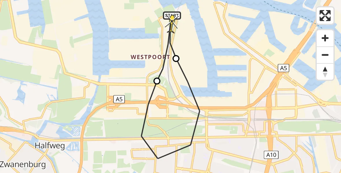 Routekaart van de vlucht: Lifeliner 1 naar Amsterdam Heliport, Nieuw-Zeelandweg
