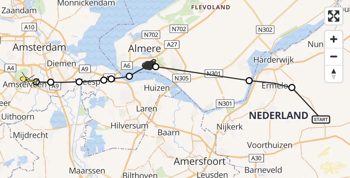 Routekaart van de vlucht: Politiehelikopter naar Amstelveen, Flevoweg