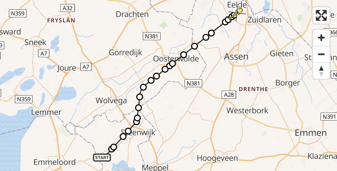 Routekaart van de vlucht: Lifeliner 4 naar Donderen, Duinigermeerweg