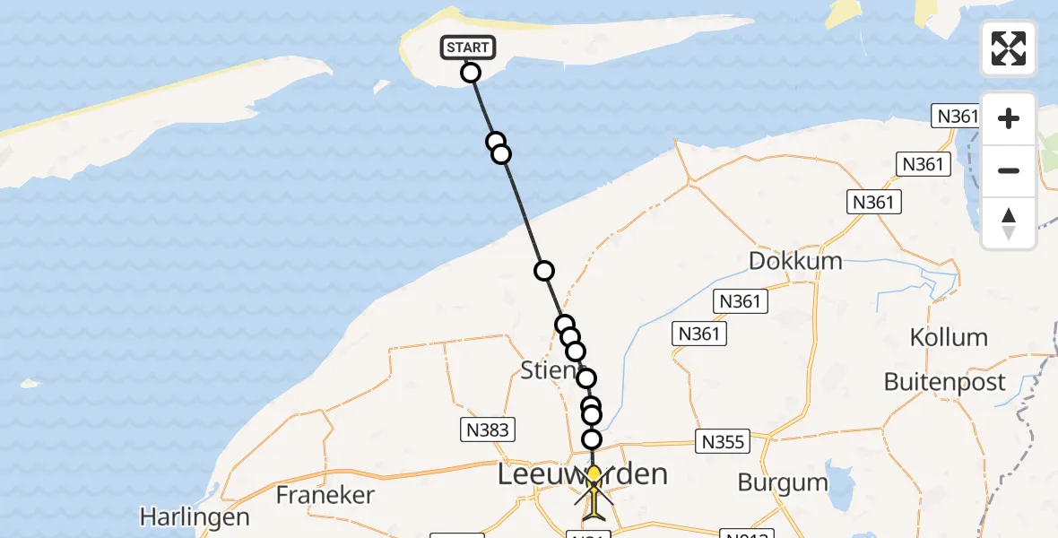 Routekaart van de vlucht: Ambulancehelikopter naar Leeuwarden, Wester Grieweg